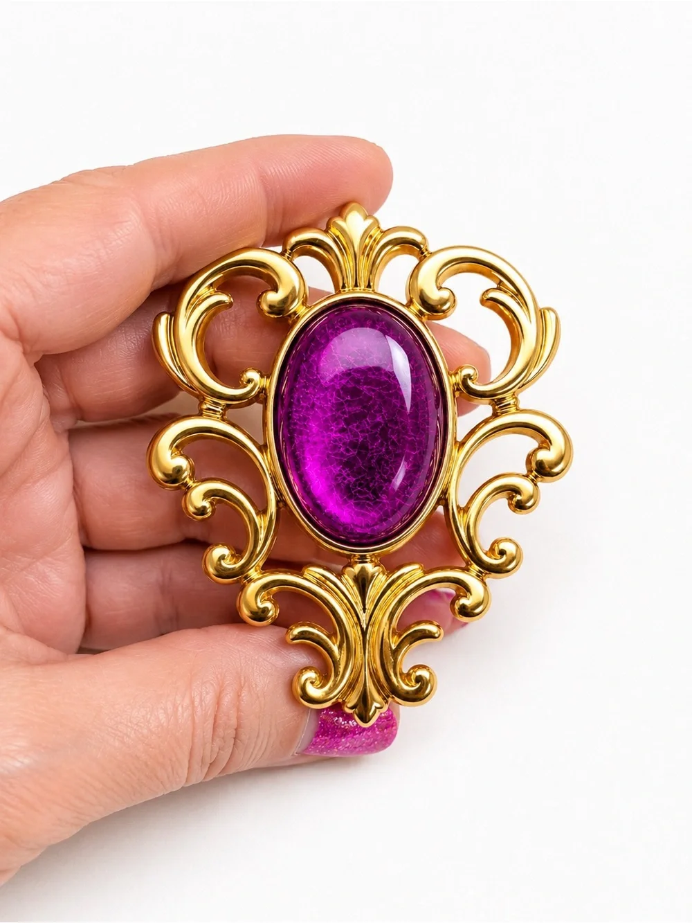 Vintage Signed LR Gold Tone Brooch‎ Hot Pink Glass Cabochon Ornate Statement Pin